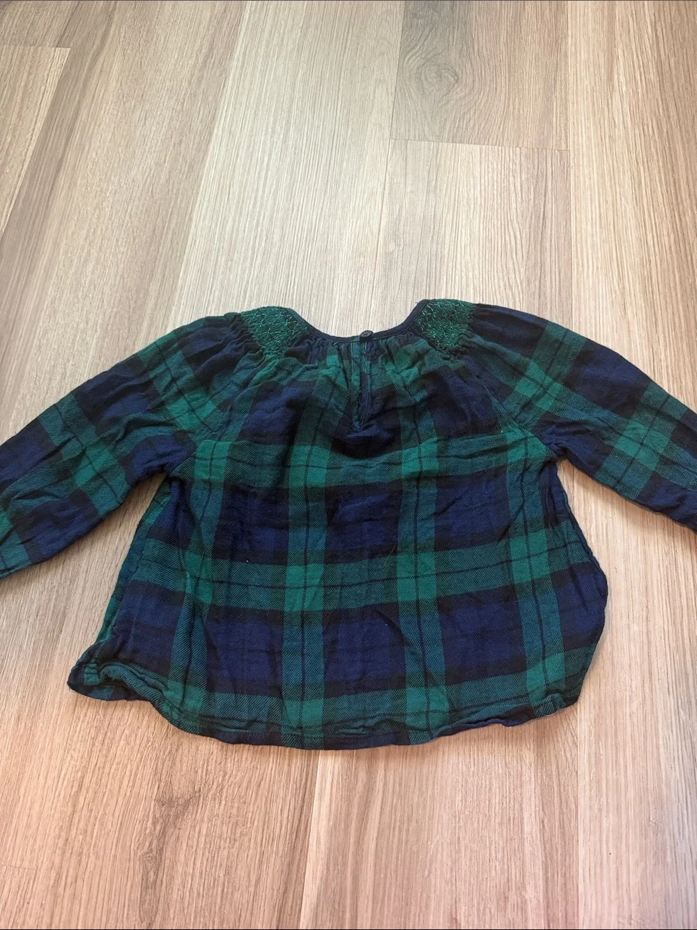 Old Navy Green and Navy Plaid Smocked Neck Blouse